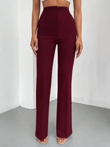 EURMUSE Fashionable Versatile Solid Color High Waist Straight Leg Pants - Burgundy - View 3