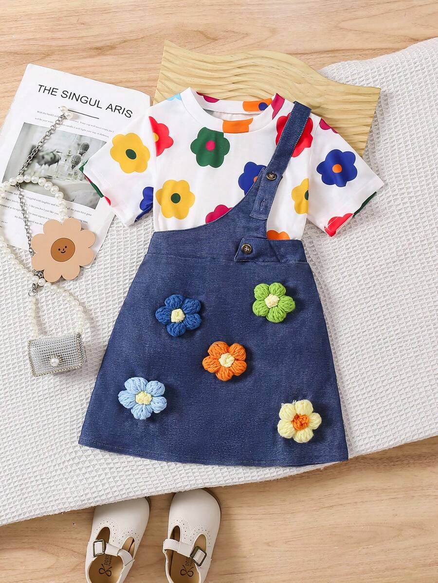 SHEIN 年轻女孩花卉印花短袖上衣和细肩带长裤两件套服装，休闲日常风格 - 彩色 - 查看 1