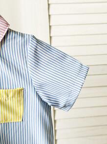 Souflis Souflis Vestido camisa de manga corta con parches y rayas para bebé niña de 0 a 3 años, de uso diario casual