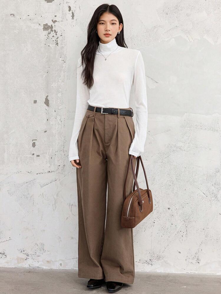Business Casual Slim Fit Minimalist High Neck Undershirt Long Sleeve Top For Women,Fall Women Clothes