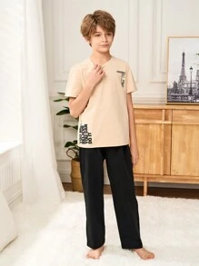 SHEIN Leap Crew 2pcs Tween Boys Casual Minimalist Letter Print Crew Neck Short Sleeve T-Shirt And Pants Loungewear Set - Khaki - View 7