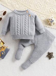 SHEIN Toddler Boys' Classic Fashion Casual Twisted Knit Sweater & Leggings 2pcs Set, Suitable For Home, Gatherings And Outings - Light Grey - View 1