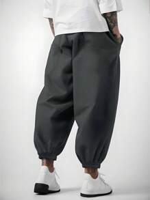 Manfinity Homme Men's Casual Loose Drawstring Waist Banded Hem Pants, Fall - Dark Grey - View 2