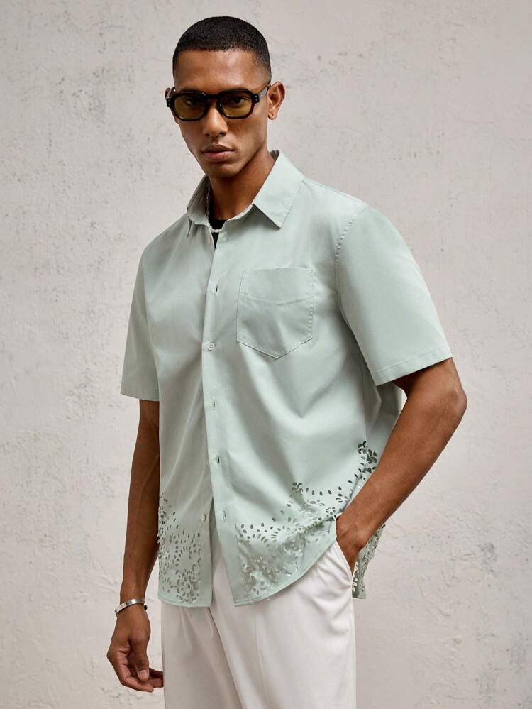 Men's Slim-Fit Turn-Down Collar Short Sleeve Casual Woven Shirt, Suitable For Daily Wear