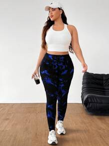 SHEIN EZwear 大码休闲扎染紧身裤，适合慢跑和健身 - 藏蓝色 - 查看 7
