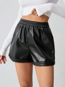 SHEIN Tall Women's Solid Turn-Up PU Leather Shorts - Black - View 6