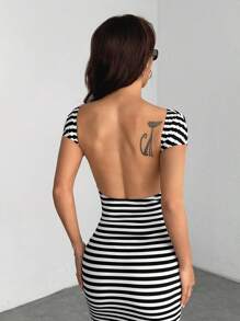 SHEIN PETITE Women's Striped Fitted Long Backless Casual Dress
