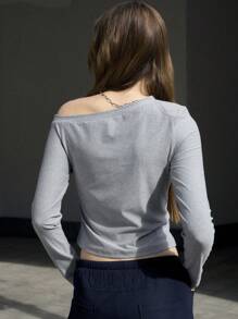 Jouncy 1 件女士斜肩长袖修身上衣，休闲日常穿着 - 灰色 - 查看 2
