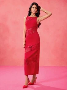 Yelly Gray Designer Red Contrast Lace Backless Summer Elegant Dress Festival, Wedding, Prom Dress - Red - View 6