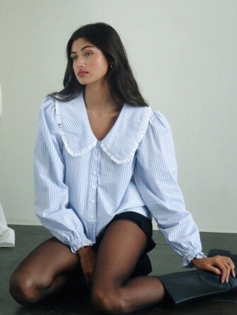 Siren Gaze Women's Front Button Long Sleeve Solid Color Patchwork Casual Blouse