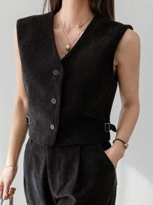 Dazy-Less Women's Casual Solid Color Loose Minimalist Vest Jacket & Straight Leg Pants Suit, Business Casual Old Money - Black - View 2