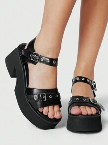 ROMWE Grunge Punk Punk Rock Style Women Platform Roman Sandals, Round Toe Multi-Strap Design, Black PU Material, Suitable For Graduation Photos, Profession Spring Shoes Spring Break Easter