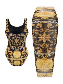 Swim Oasis Summer 2pcs/Set Women Placement Print Square Collar High Cut One-Piece Swimsuit & Skirt Resort - Multicolor - View 7