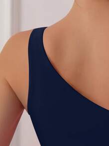 Swim Basics 女士连体纯色不对称无袖修身休闲泳衣 - 藏蓝色 - 查看 4