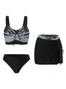 Swim Lushoire Conjunto de traje de baño estilo informal con estampado asimétrico, tirantes anchos y decoración de moño frontal para mujer, ideal para vacaciones de verano