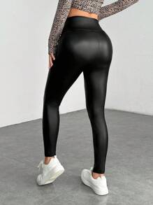 SHEIN PETITE PU Leather Solid Color Casual Pants, Simple And Fashionable For Daily Wear