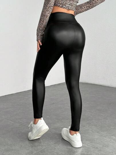 SHEIN PETITE بنطال كاجوال من جلد البولي يوريثان بلون موحد، بسيط وعصري للارتداء اليومي، للنساء القصيرات
