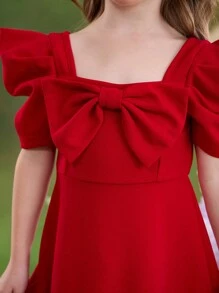 Emery Rose Kids Emery Rose Kids Đầm dệt kim tay lỡ cổ vuông bèo nhún nơ màu đỏ cho bé gái, thích hợp cho ngày lễ tình nhân, đám cưới, lễ hội - Đỏ - Xem 3