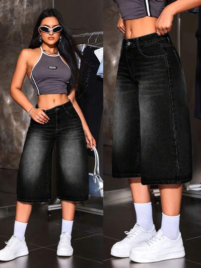 SHEIN ICON 女士休闲水洗宽松 3/4 长牛仔裤