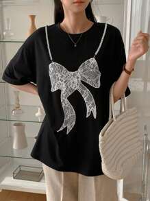 DAZY Lace Bow Decor 2 In 1 Women's Round Neck Casual T-Shirt Cute Tops Oversized T-Shirt,Graphic Tees - Black - View 8
