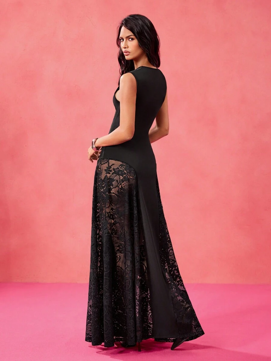 Yelly Gray 设计师弹力针织对比蕾丝长裙黑色连衣裙优雅节日、婚礼、舞会礼服 - 黑色 - 查看 1