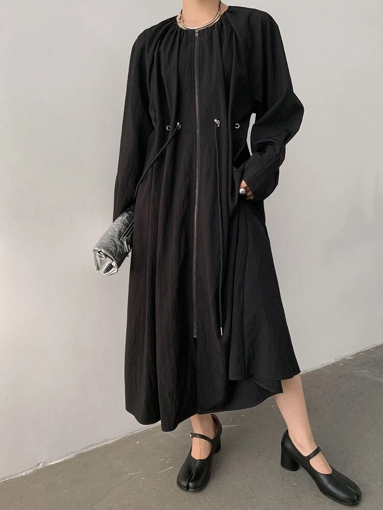 Mid-Length Casual Loose Drawstring Tie Waist Shirt Dress For Women, Minimalist Style,Fall Dress Long Sleeve Dress Maxi Dress