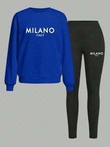 Slaydiva 2pcs Casual MILANO Letter Slogan Print Loose Crew Neck Long Sleeve Sweatshirt And Skinny Leggings Set, Suitable For Autumn/Winter Graphic - Royal Blue - View 2
