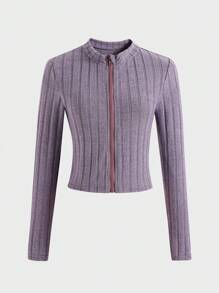 SHEIN Explorewe 2pcs Teen Girls Casual Daily Wear, Ribbed Knit Stretchy Zip-Up Cropped Jacket & Form-Fitting Flared Pants Set, Autumn Outerwear & Innerwear - Purple - View 3