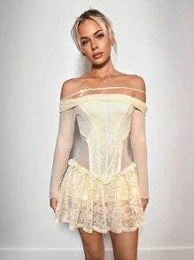 Sweetina 1 件 Y2k 露肩透明网眼蕾丝拼布休闲情人节连衣裙，简约时尚，适合日常穿着