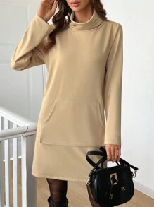 SHEIN LUNE Robe décontractée pour femmes à col roulé, manches longues, avec poches, de couleur unie - Kaki - Voir 5