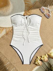 纯色面料紧身胸衣抽绳腰部聚拢女士海滩装 - 白色 - 查看 8