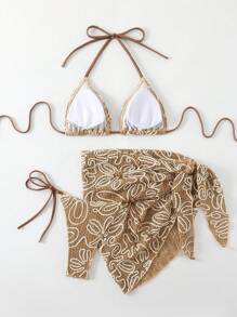 SHEIN Swim 3 件套女士沙滩装，包括纹理优雅露背无袖花卉装饰休闲度假细肩带泳装，适合夏季海滩度假 - 彩色 - 查看 7