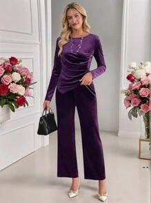 EMERY ROSE Valentines Clothes 2pcs Women Elegant Solid Color Ruched Asymmetrical Hem Long Sleeve Top And Pants Set,