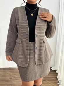 SHEIN Unity Plus Size Women Retro French V-Neck Fitted Suit Set - Coffee Brown - View 5