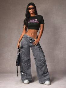 SHEIN ICON Jeans casuales de mujer con bolsillo delantero con botones sencillos, ropa de tiempo libre diaria