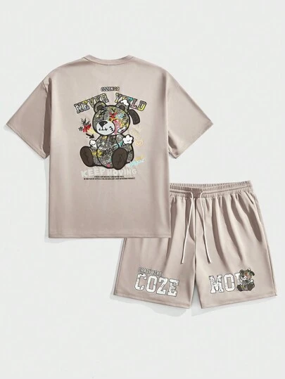 Manfinity VCAY 2 pièces Set de T-shirt imprimé numérique ample et short en tricot pour hommes grande taille