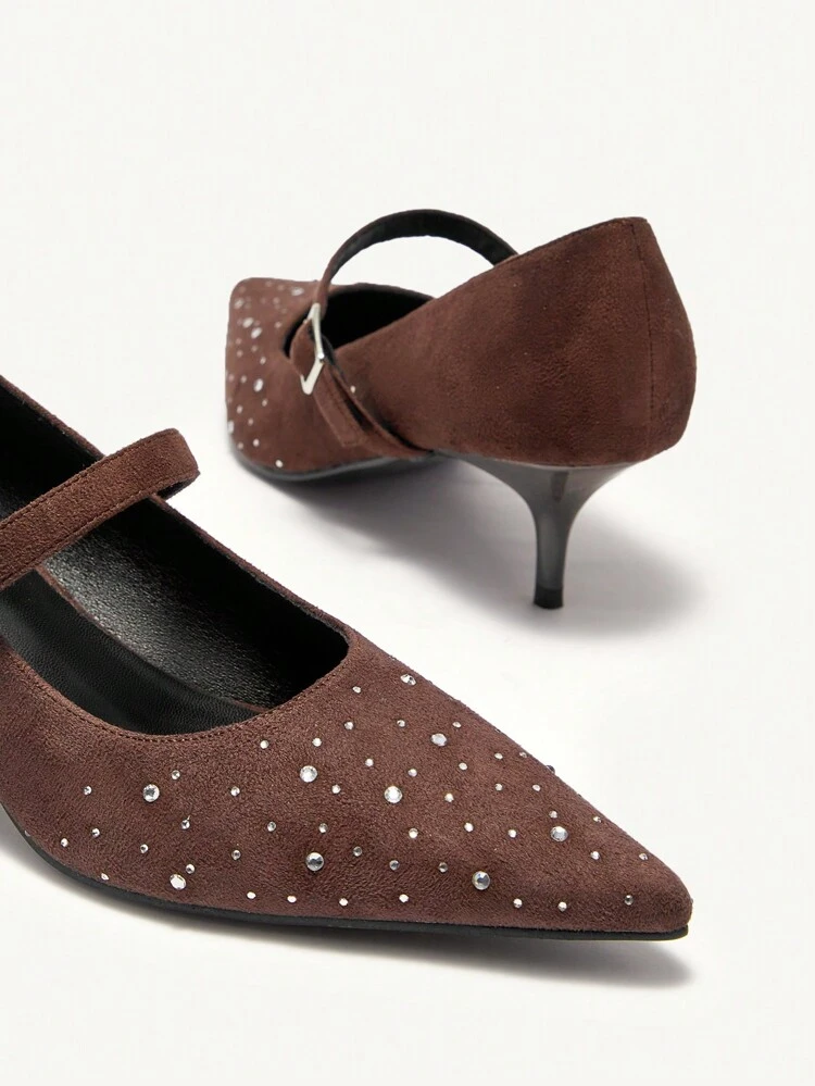 CUCCOO CHICEST Brown Pointed Toe Rhinestone Velvet Comfortable Versatile Strap Low Kitten Heel Flats