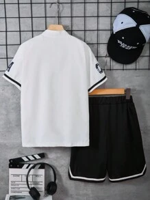 SHEIN Tween Boys Stylish Letter Print Casual Loose Baseball Jacket & Sports Shorts 2 Pieces Set, Street Fashion, Summer - White - View 3