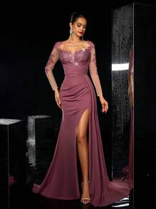 Glamrae Elegant Luxurious Embroidered Lace Applique Sheer Long Sleeve Crinkle Ruffle Side Slit Fishtail Hem Dress, Suitable For Weddings, Parties, Vacations, Galas, Evening Formal Occasions, Wedding Guest Dress, Party Dress,Gown