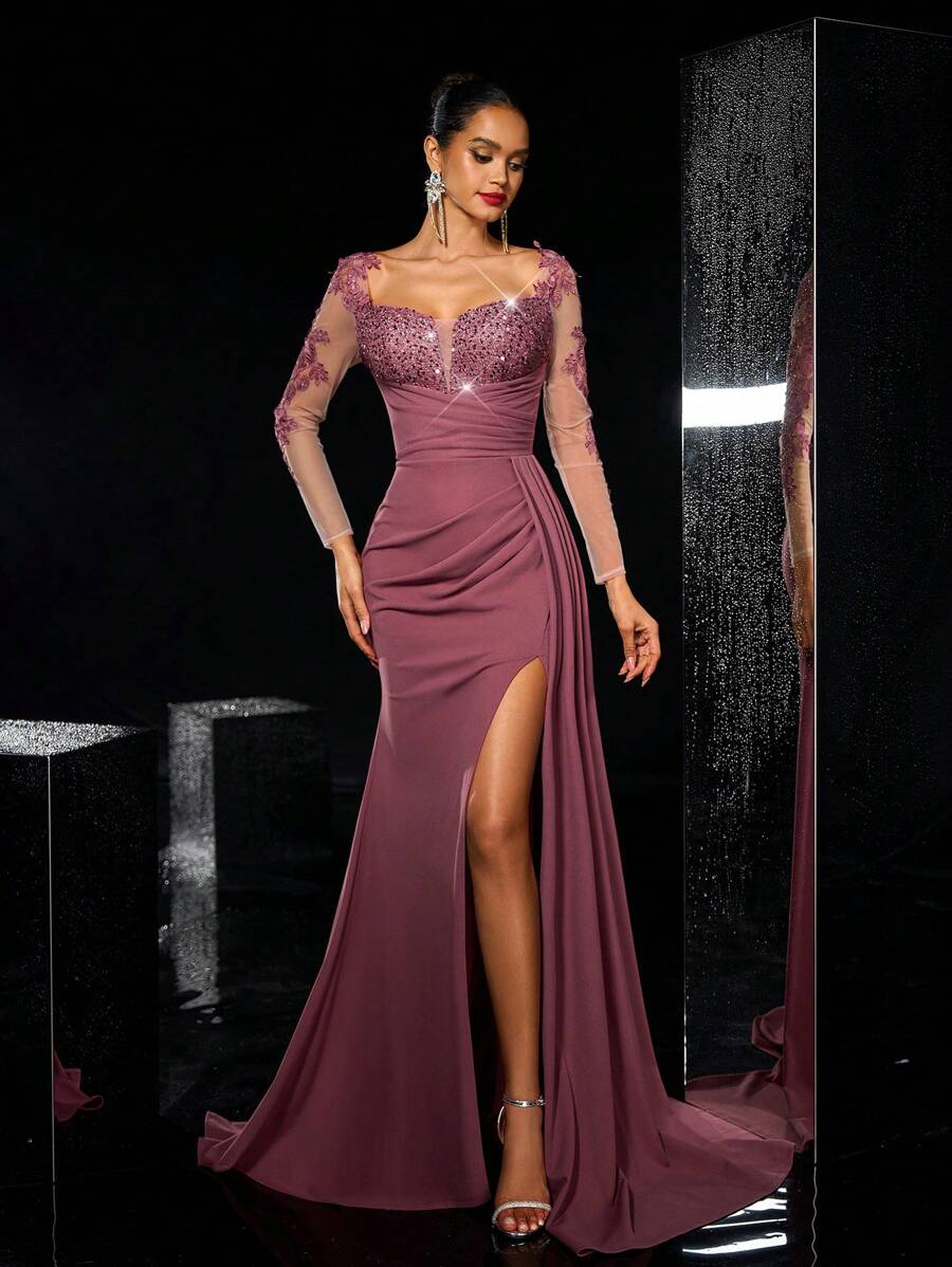 Glamrae Elegant Luxurious Embroidered Lace Applique Sheer Long Sleeve Crinkle Ruffle Side Slit Fishtail Hem Dress, Suitable For Weddings, Parties, Vacations, Galas, Evening Formal Occasions, Wedding Guest Dress, Party Dress,Gown