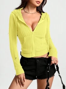 SHEIN Unity 女士纯色前拉链长袖极简连帽上衣，休闲日常套头衫秋季卫衣 - 黃色 - 查看 3