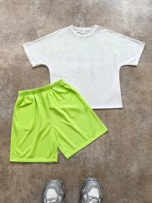 SHEIN Ensemble t-shirt à manches courtes et shorts pour garçons pré-adolescents, streetwear - Blanc - Voir 9