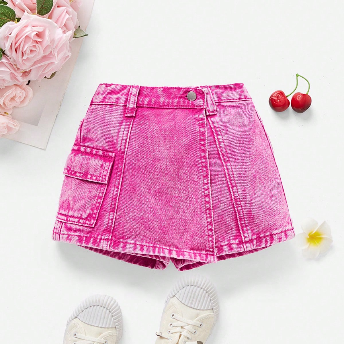 Falda pantalón de mezclilla con múltiples bolsillos en estilo lavado y casual para niña joven, ropa casual de primavera y verano para vacaciones, e