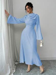 Elenzga 女式立领褶皱长袖纯色中长连衣裙长款女装 - 藍色 - 查看 5