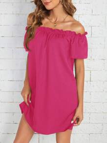 SHEIN Essnce Women's Off Shoulder Plain Short Sleeve Dress, Simple And Fashionable For Casual Daily Wear - Hot Pink - View 3