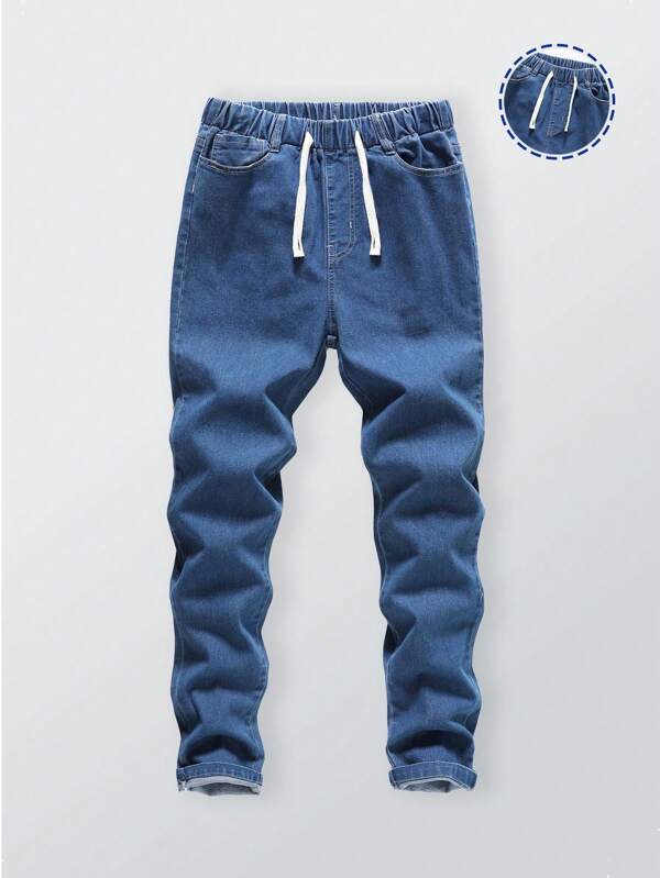 SHEIN Jeans grigi chiari casual, slim fit, adatti ai ragazzi adolescenti, con vita elastica e laccetto regolabile, semplici e versatili, comodi e confortevoli