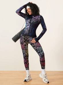 SHEIN All-Over Print Zip-Up Fitted Long Sleeve Active Jacket - Multicolor - View 3