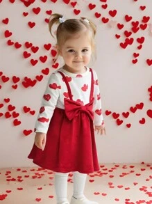 Cozy Pixies 女婴心形图案撞色针织柔软圆领长袖连衣裙，情人节 - 紅色 - 查看 1