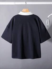 SHEIN Áo thun polo in chữ và sọc màu rộng rãi cho bé trai tuổi mới lớn, phù hợp cho mùa thu, xuân, hè - Ngoài trời, trường học, dạo phố, tiệc tùng, giải trí - Nhiều màu - Xem 2
