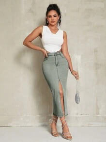 SHEIN SXY 女士前扣口袋修身休闲牛仔迷你裙 - 綠色 - 查看 2